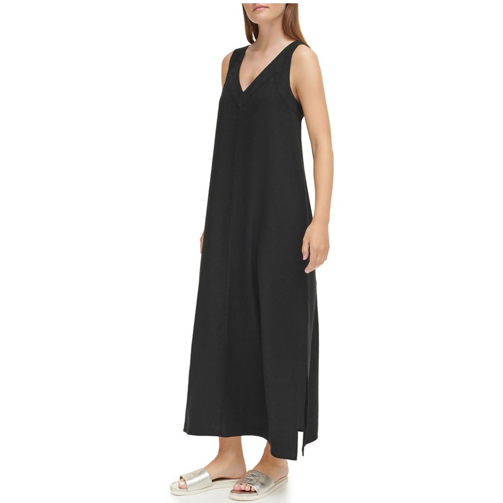 Linen maxi dress by DKNY. In black.
